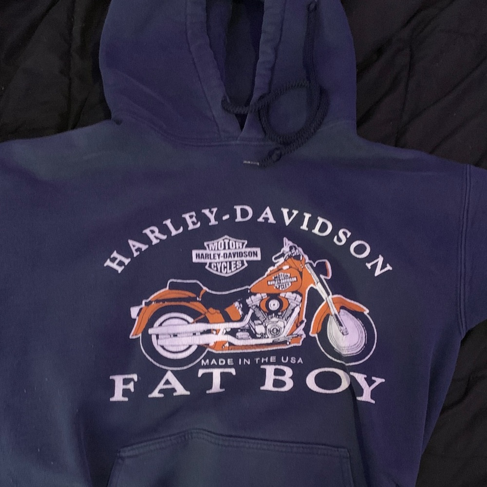 Harley-Davidson Blue Hoodie with Orange Motorcycle Graphic
